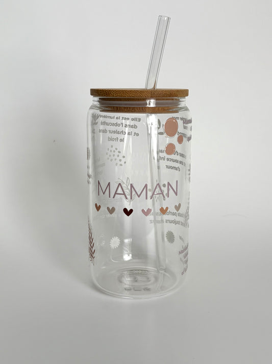 Tumbler en verre avec couvercle et paille (16 oz) - Coeur de maman 🤎