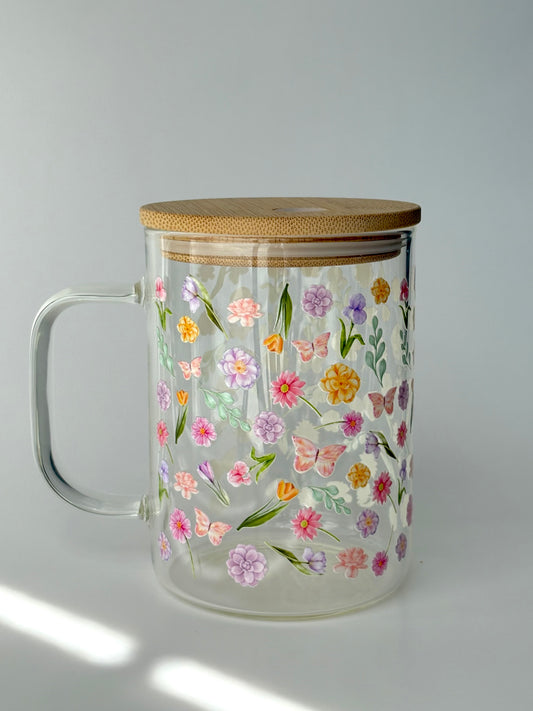 Tasse en verre avec couvercle et paille (17 oz) - Jardins en fleurs 🌸🌼🌺