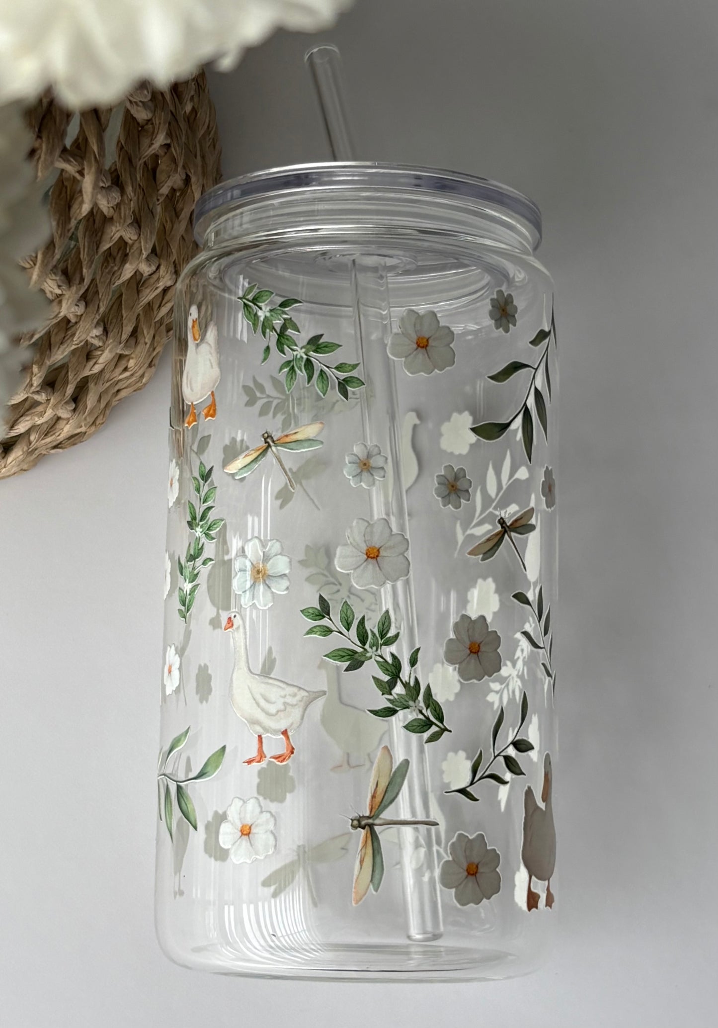 Tumbler en verre avec couvercle et paille (16 oz) - Douce campagne
