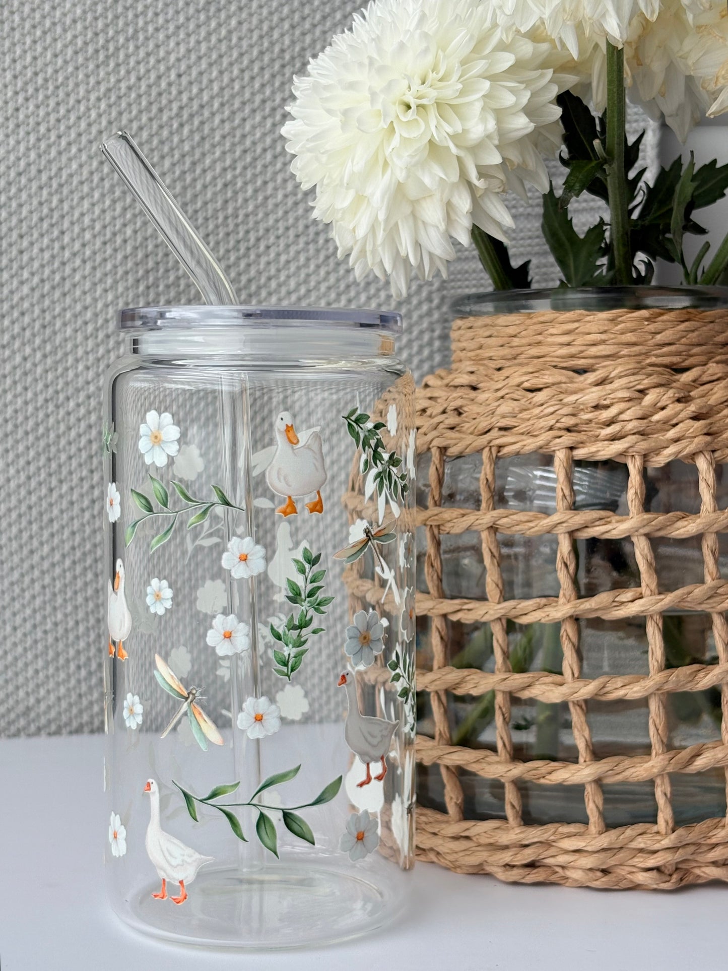 Tumbler en verre avec couvercle et paille (16 oz) - Douce campagne