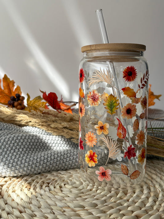 Tumbler en verre avec couvercle et paille (16 oz) - Jardins d'automne 🌻🌾🍂