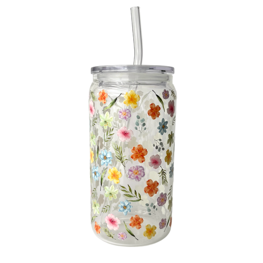 Tumbler en verre avec couvercle et paille (16 oz) - Floraison