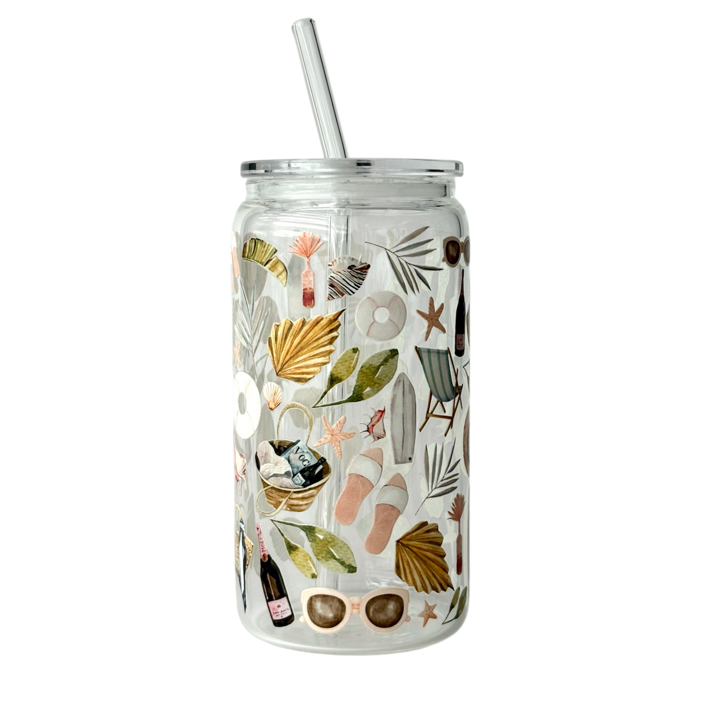 Tumbler en verre avec couvercle et paille (16 oz) - Journée à la plage 🐚