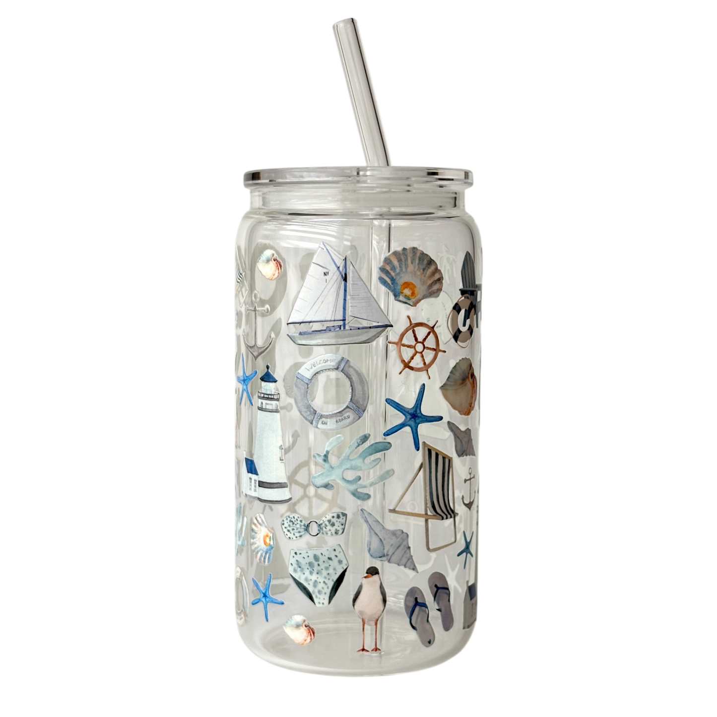 Tumbler en verre avec couvercle et paille (16 oz) - Bord de mer ⚓️🌊