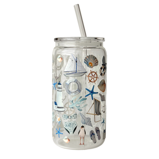 Tumbler en verre avec couvercle et paille (16 oz) - Bord de mer ⚓️🌊