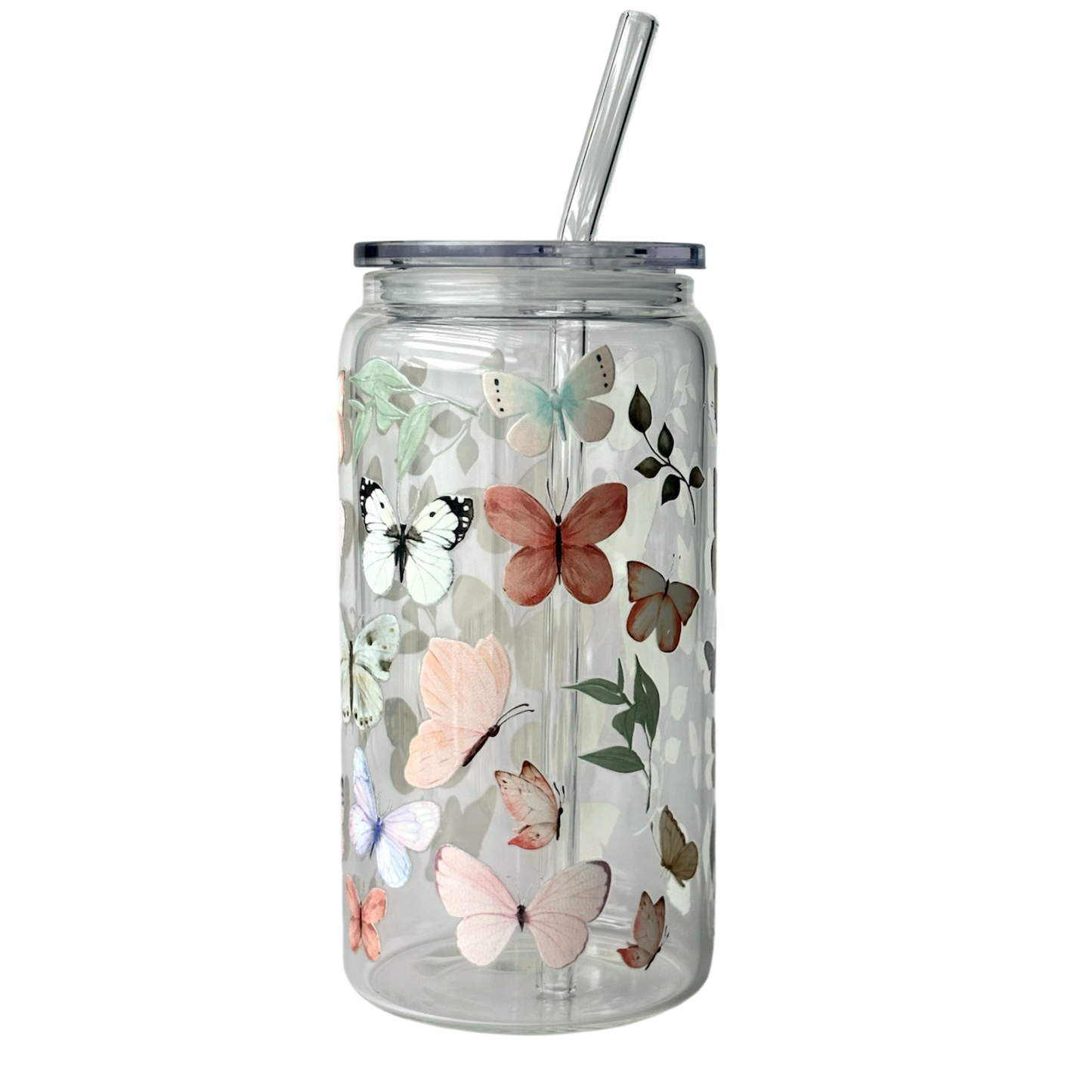 Tumbler en verre avec couvercle et paille (16 oz) - Papillons 🦋