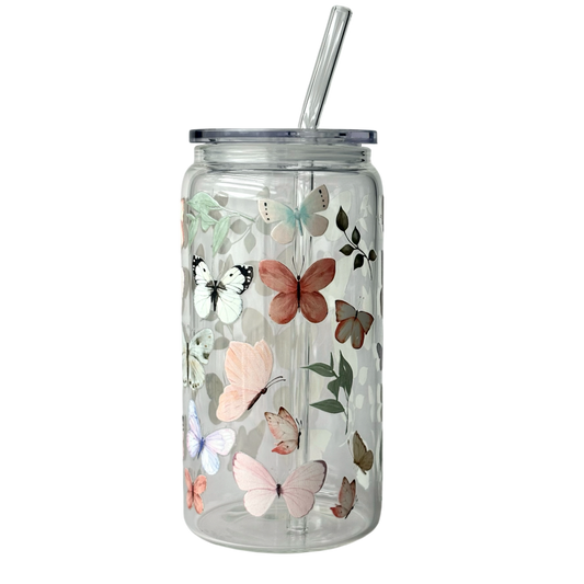 Tumbler en verre avec couvercle et paille (16 oz) - Papillons 🦋