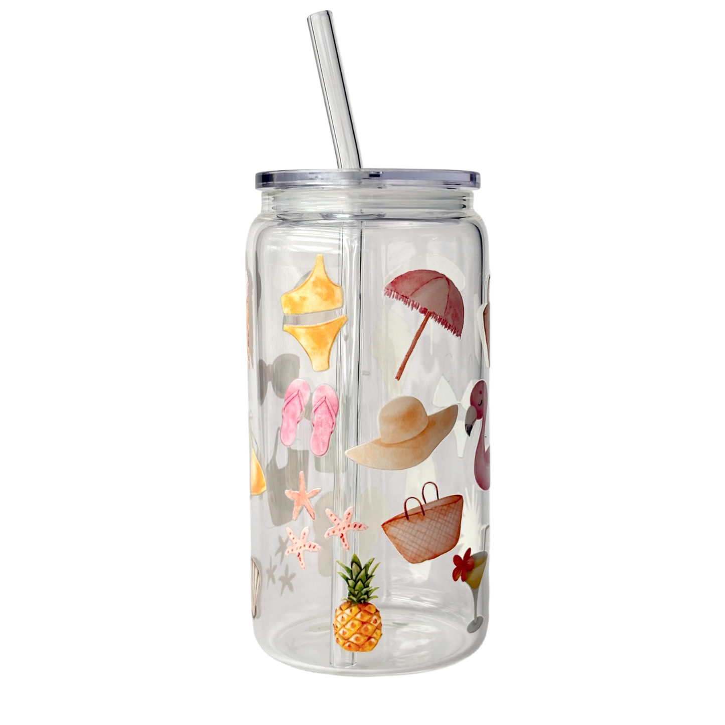 Tumbler en verre avec couvercle et paille (16 oz) - Plaisir d'été ⛱️👙☀️