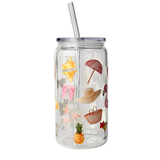 Tumbler en verre avec couvercle et paille (16 oz) - Plaisir d'été ⛱️👙☀️