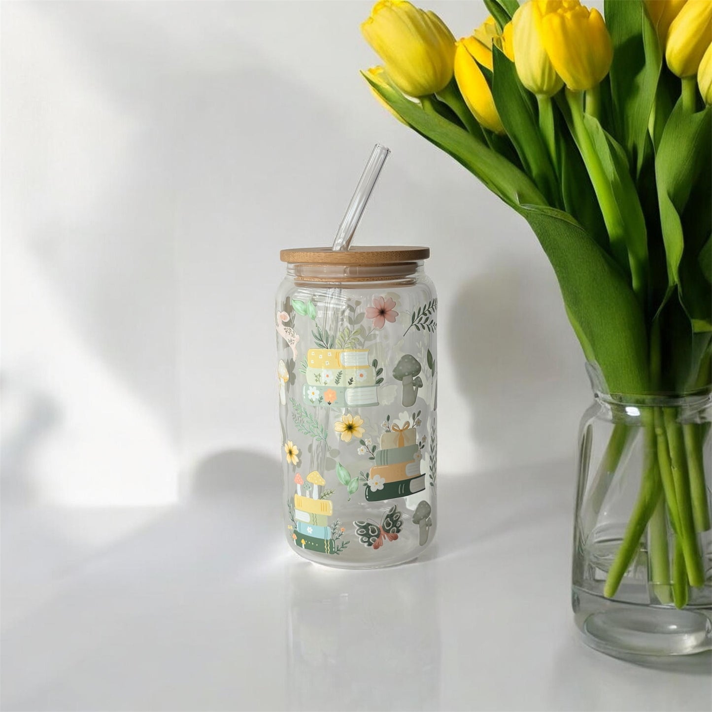 Tumbler en verre avec couvercle et paille (16 oz) - Entre pages & fleurs📚🌻