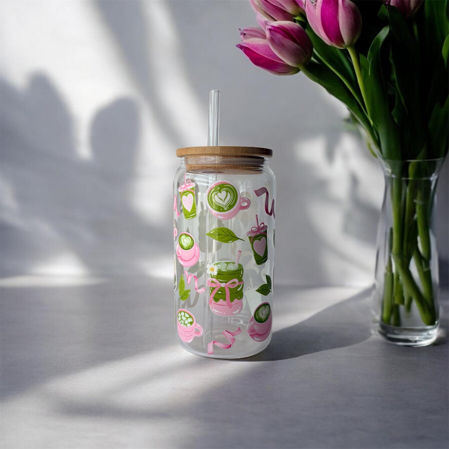 Tumbler en verre avec couvercle et paille (16 oz) - Pause Matcha 🌱🍵