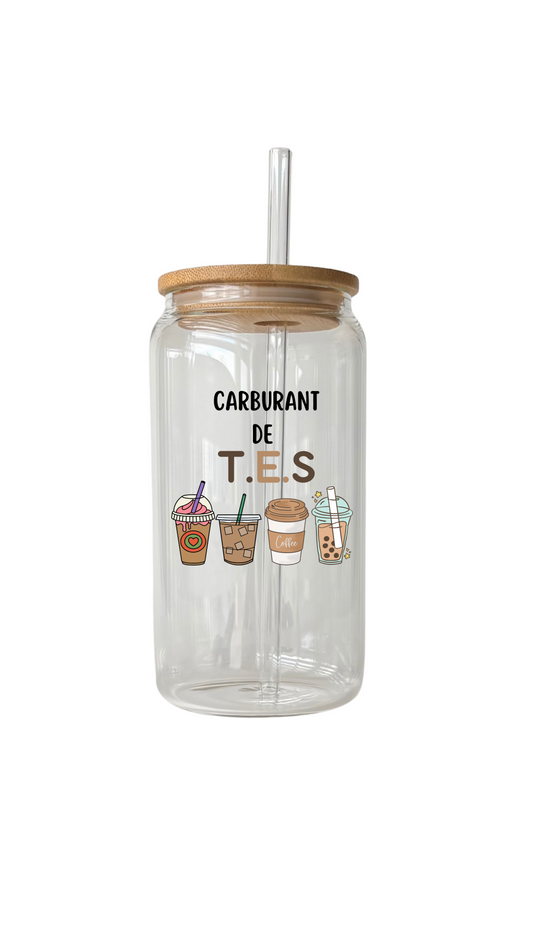 Tumbler en verre avec couvercle et paille (16 oz) -Carburant de  T.E.S 🧋