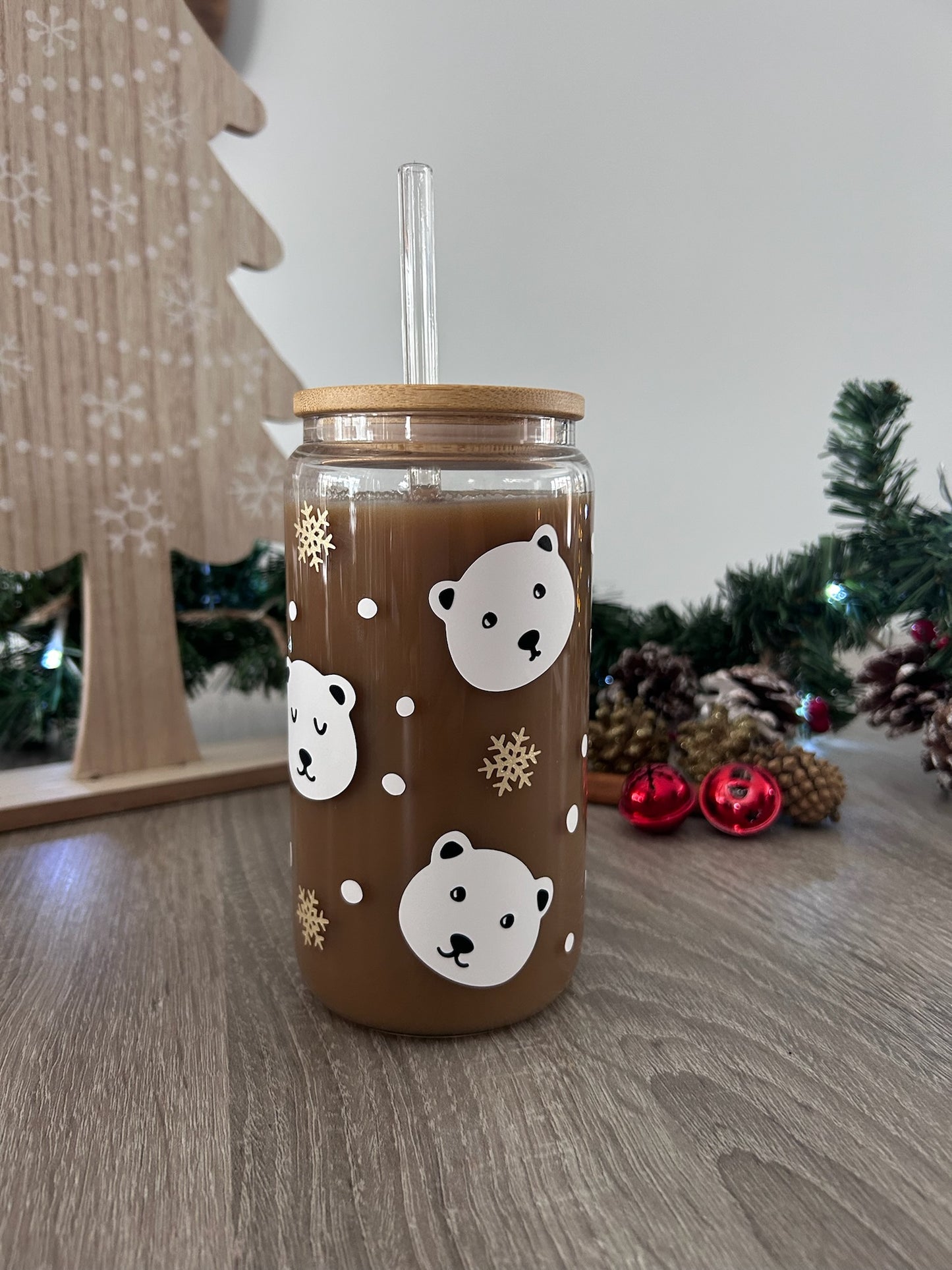 Tumbler en verre avec couvercle et paille (16 oz) - Ours polaire ❄️