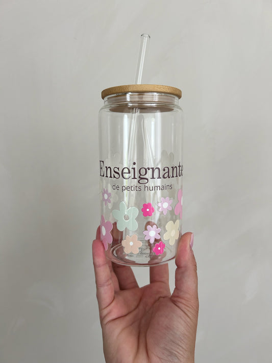 Tumbler en verre avec couvercle et paille (16 oz) - Enseignante 🌺